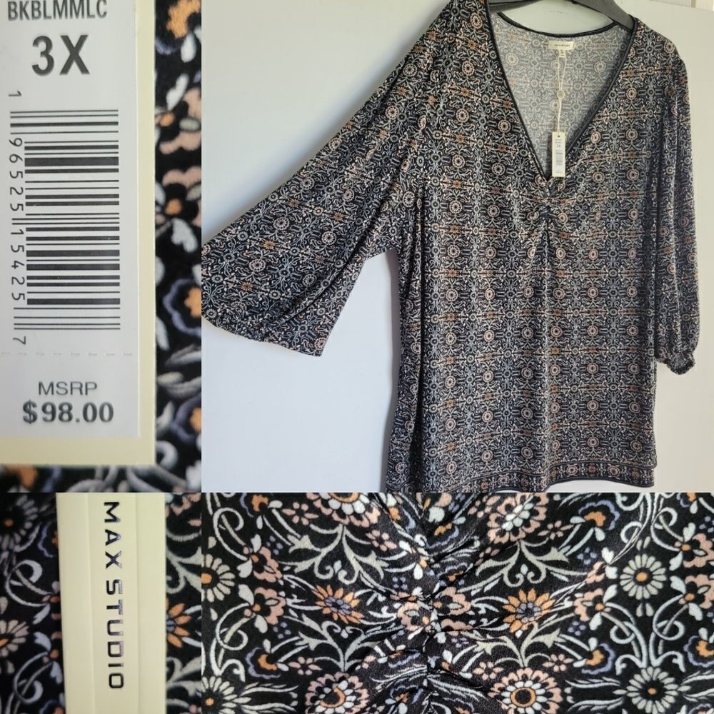 $98 NEW 3X MAX STUDIO STRETCH BLACK TAN FLORAL V NECK TUNIC BLOUSE TOP NWT